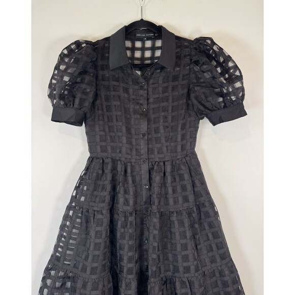 English Factory Dress Black Gridded Organza Tiered Maxi Puff Sleeve Fit Flare XS - Picture 3 of 11